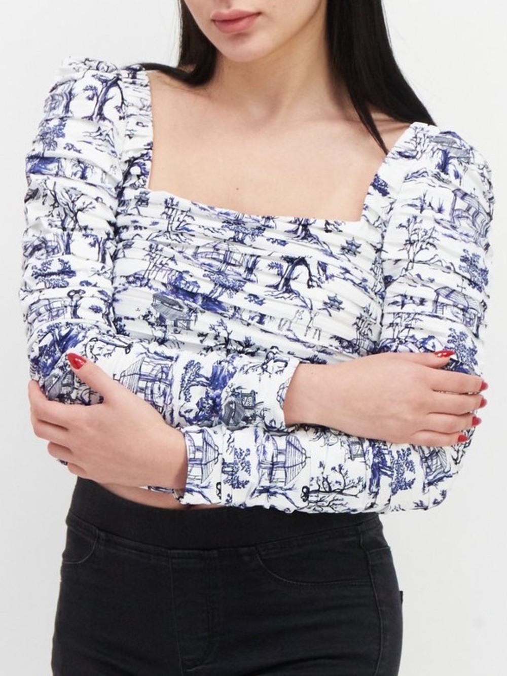 Square-Neck White Long-Sleeve Top with Blue Scenic Print
